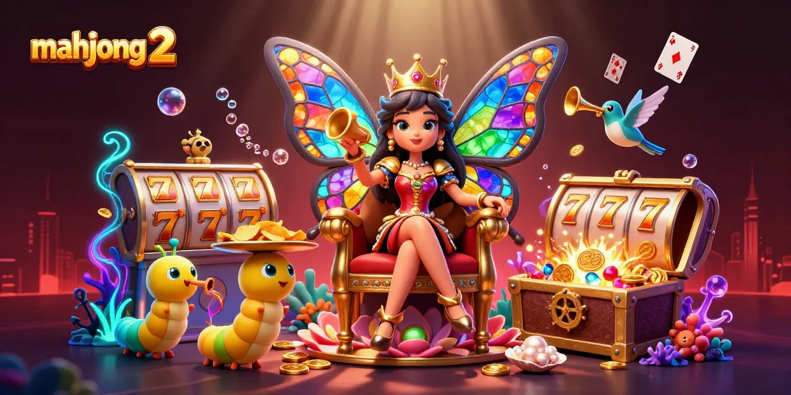 Engage with mahjong 2 in this vibrant casino scene featuring a butterfly queen, chips, and slot reels.