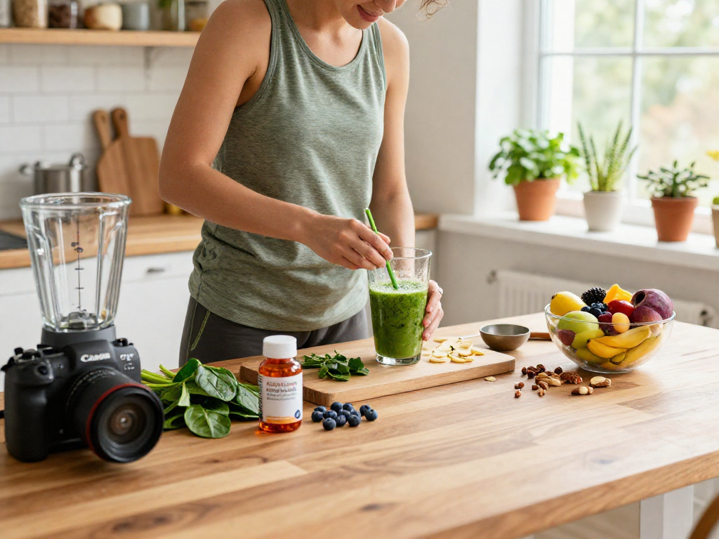 Health-conscious individual preparing a smoothie with astaxanthin supplement Canada in a bright kitchen.