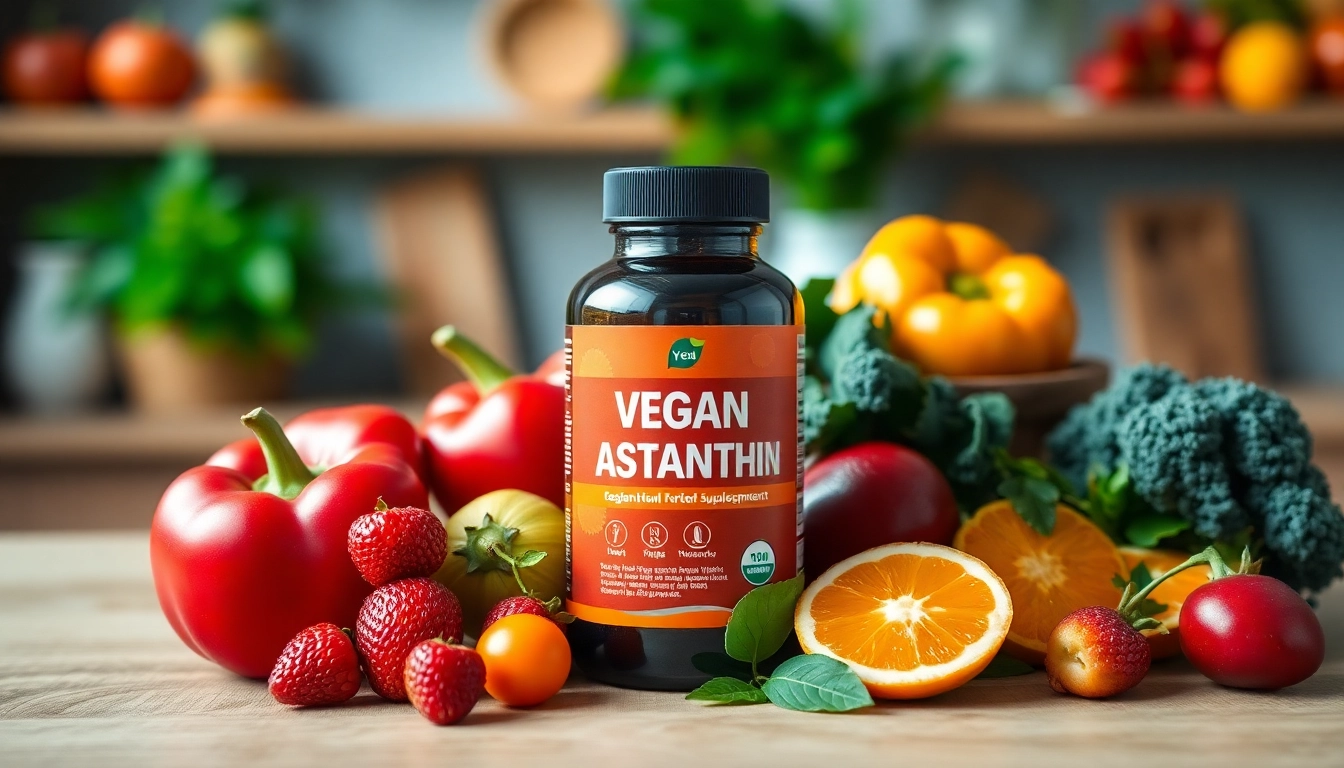 Showcasing a vegan astaxanthin supplement bottle surrounded by colorful fruits and vegetables for freshness.