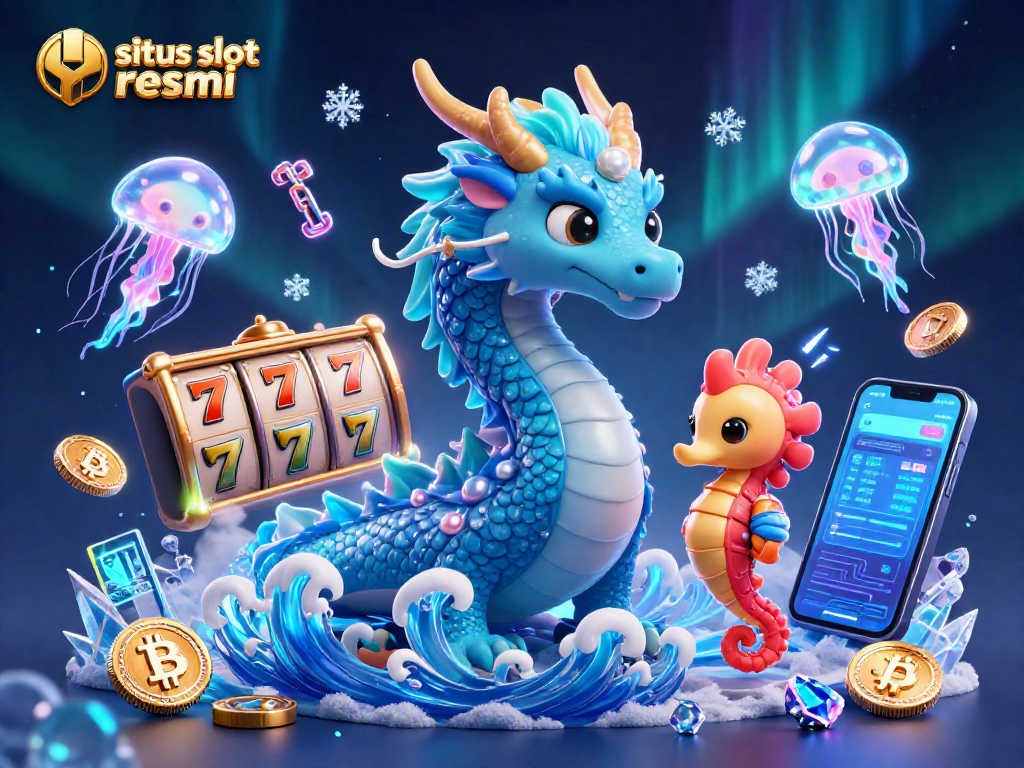 Experience the thrill of situs slot resmi with a captivating 3D illustration of a water dragon and seahorse knight, surrounded by vibrant gaming elements.
