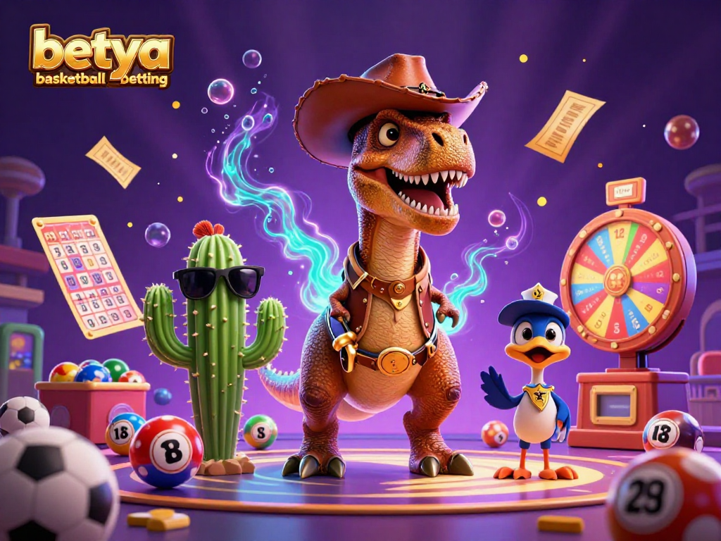 Engage in betya basketball betting with vibrant characters and dynamic sports elements in this 3D illustration.