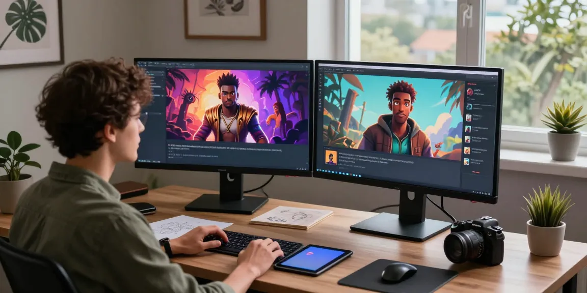 Tavern AI user engaging with AI characters in a modern home office environment, illustrating digital storytelling