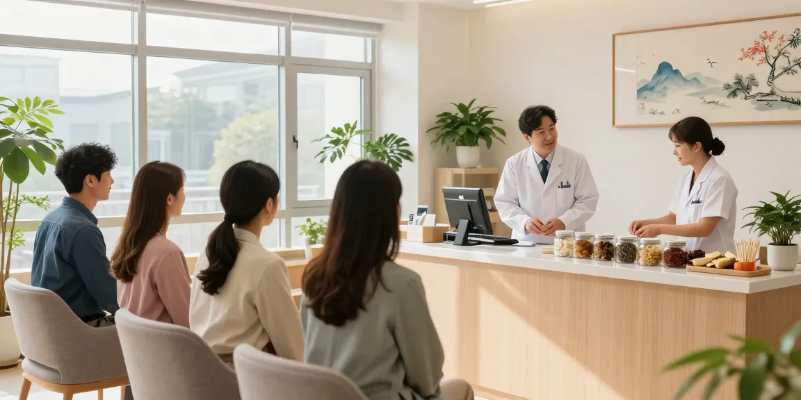 Welcoming scene at a 수원한의원 [Suwon Traditional Korean Medicine Clinic] featuring friendly staff and patients in a modern, serene environment.