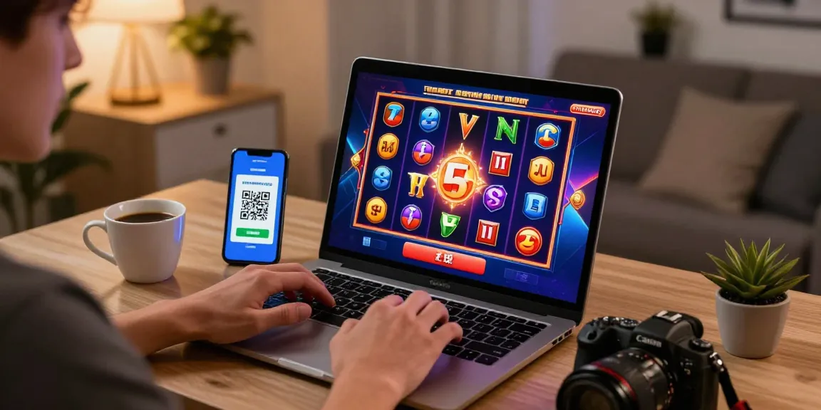 Player engaging with slot deposit 1k game on laptop in a cozy home office.