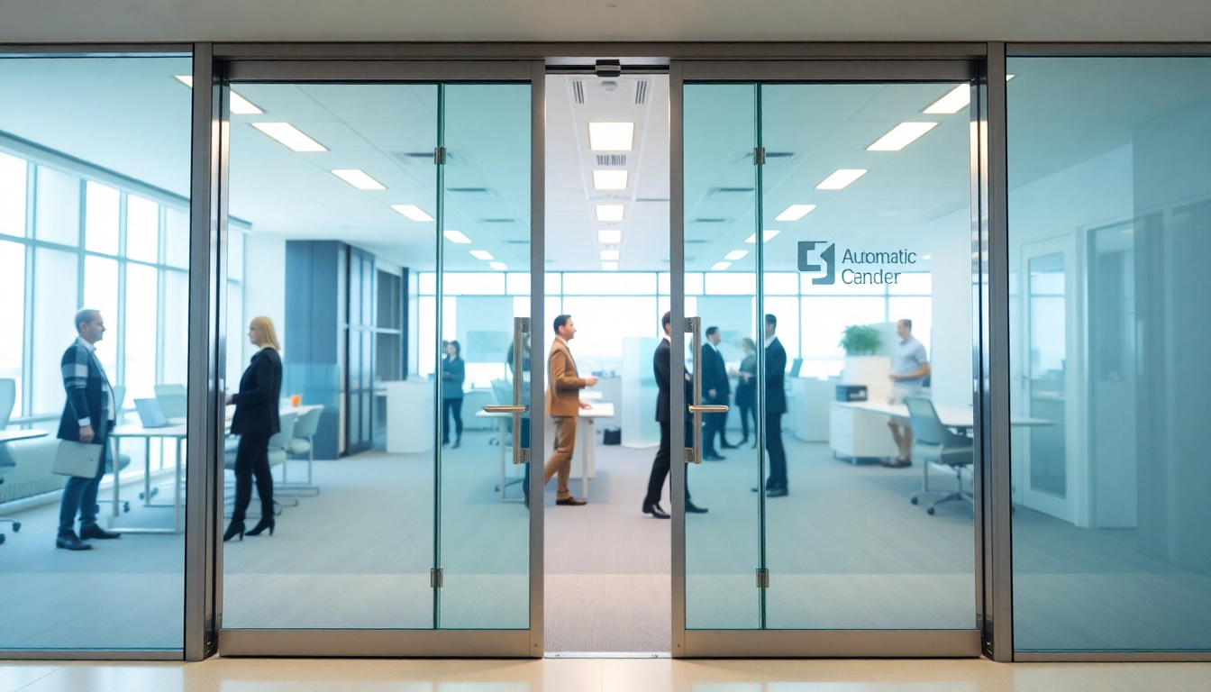 Featuring smooth, Commercial Automatic Doors enhancing accessibility in a busy office space.