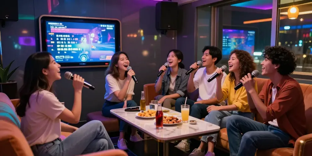 달토에서 즐겁게 노래하는 친구들 모습, 아늑한 분위기와 화려한 조명이 돋보임
