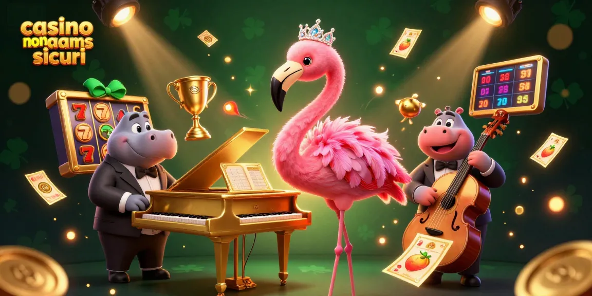 Gioca nei casino non AAMS sicuri con un flamingo in boa rosa e un ippopotamo al contrabbasso in un'atmosfera festosa.