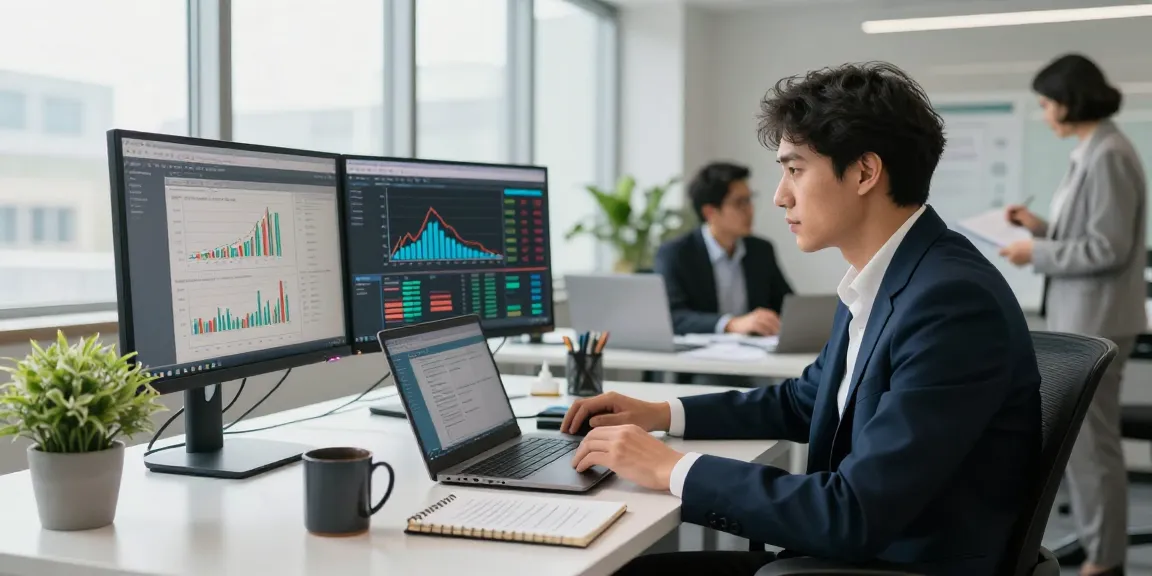 Business professional engaged in asset tracing analysis in a modern office setting.