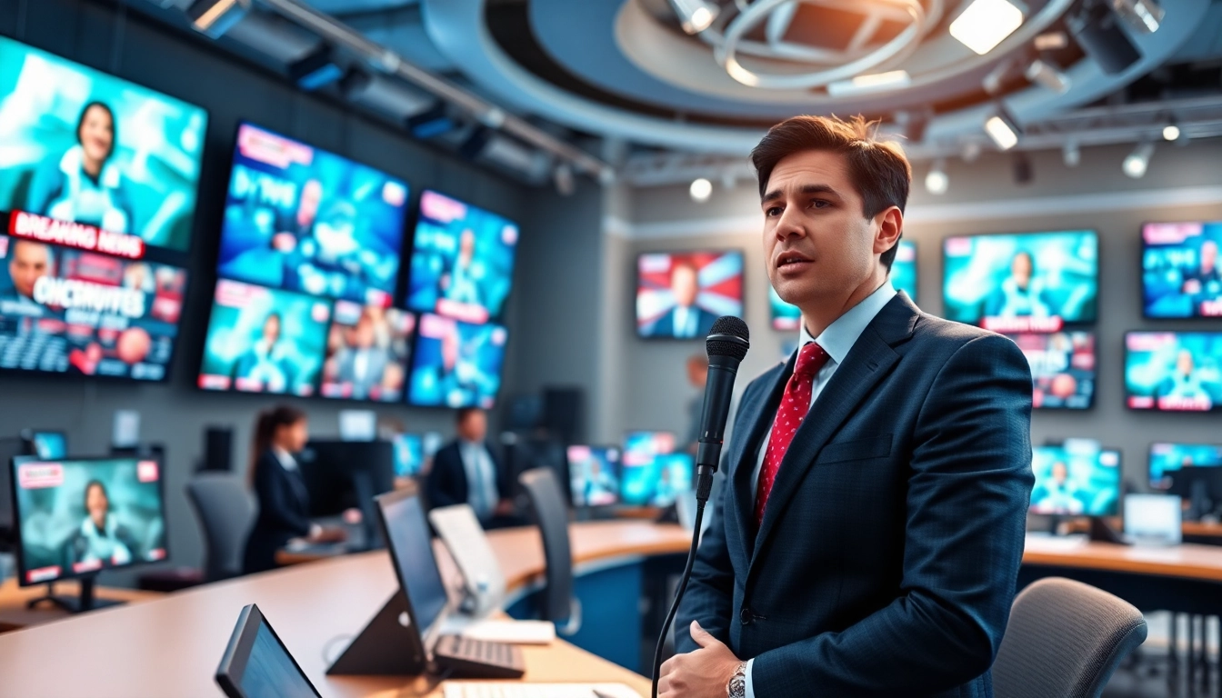 News reporter sharing live updates in a vibrant newsroom.