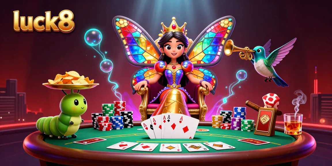 Experience luck8 with a vibrant 3D illustration of poker and enchanting casino elements.