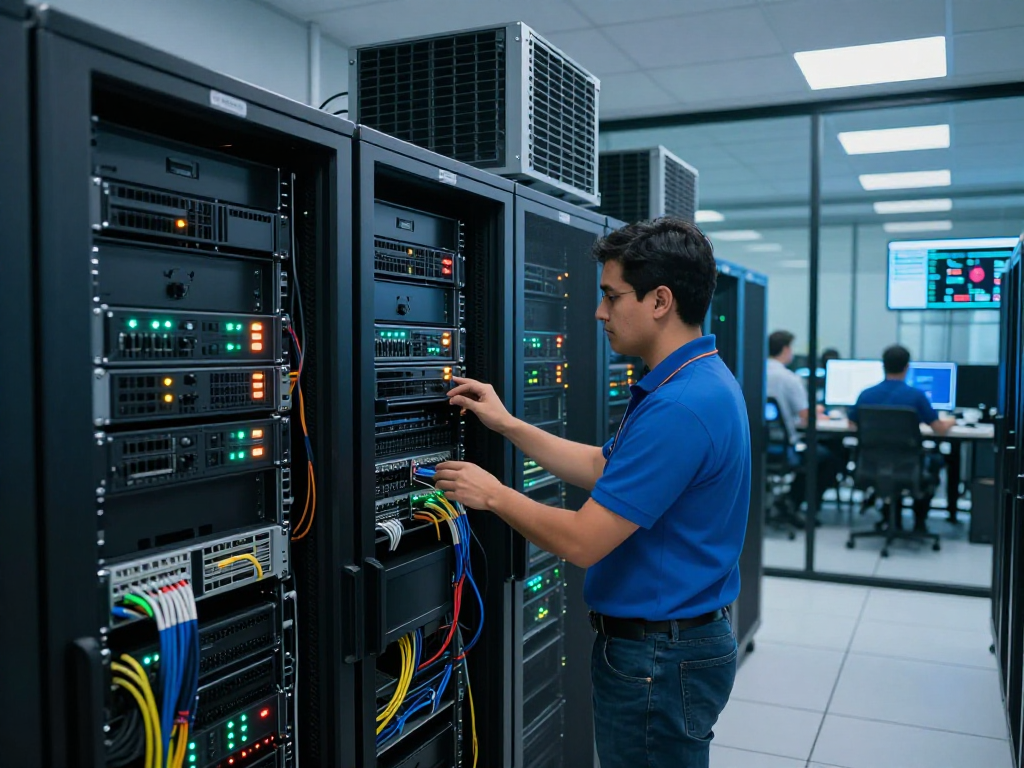 Servidor dedicado en México en sala de servidores moderna con técnico revisando hardware