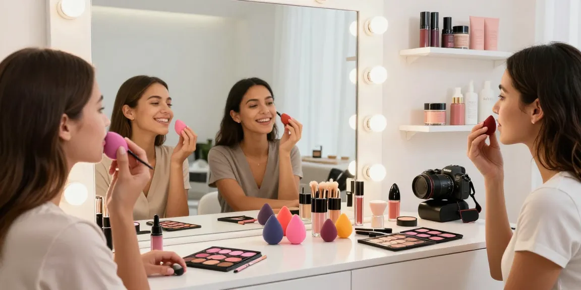 Women demonstrating silicone sponge makeup application in a bright beauty studio.