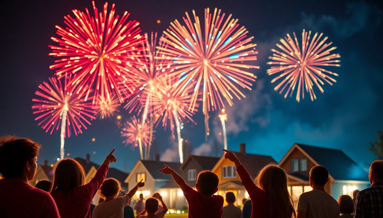 Families enjoying cheap fireworks near me in a colorful night sky display.