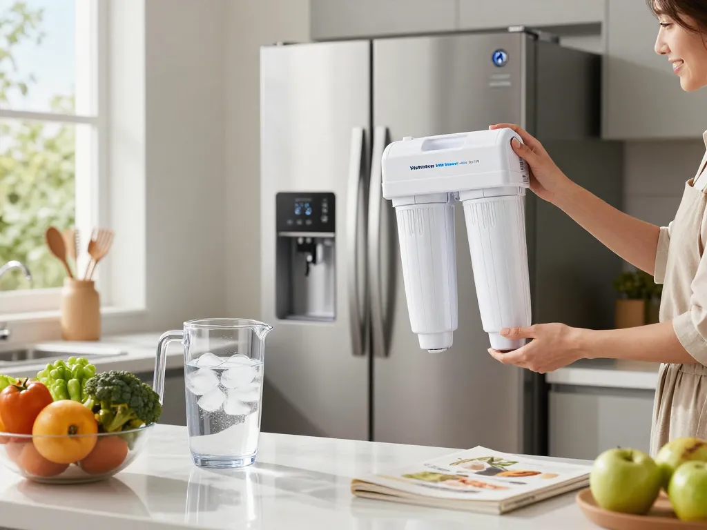 Waterdrop XWF Replacement for GE® XWF Refrigerator filter being inspected in modern kitchen, promoting clean drinking water.