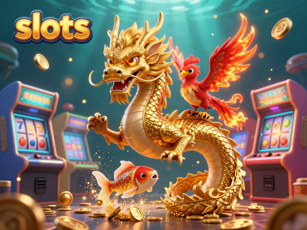Experience thrilling slots gameplay with a dynamic scene featuring a dragon, phoenix, and koi fish.