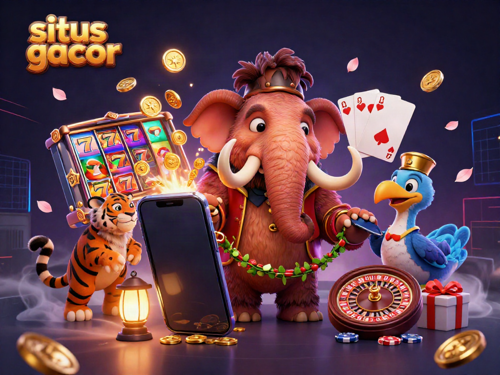 Experience the excitement with the vibrant "situs gacor" scene showcasing a woolly mammoth bouncer and VIP guests.