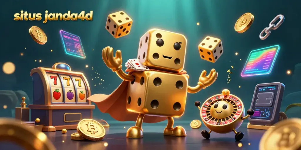 Taruhan seru di situs janda4d dengan dadu emas raksasa dan simbol slot menggoda