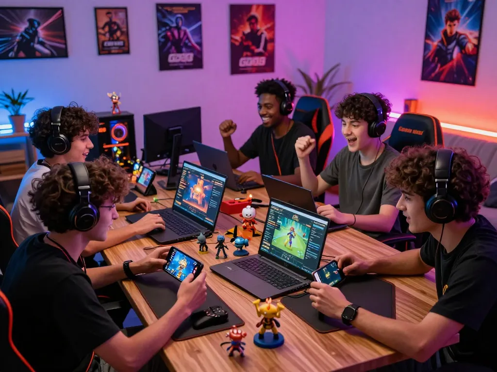 Friends enthusiastically playing Go88 multiplayer games in a vibrant gaming room, showcasing devices and collectibles.