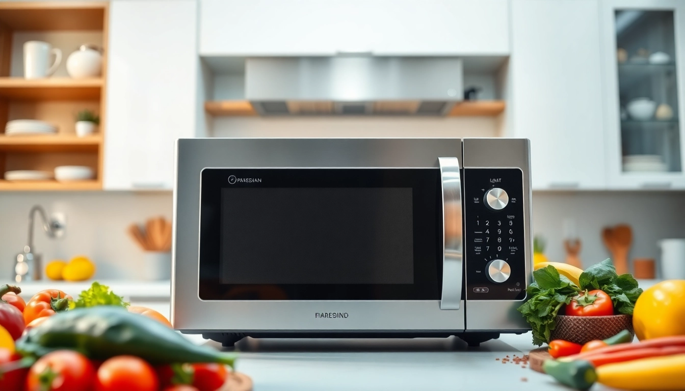Showcasing Microwave Oven Sales with a modern appliance in a bright kitchen filled with fresh ingredients.