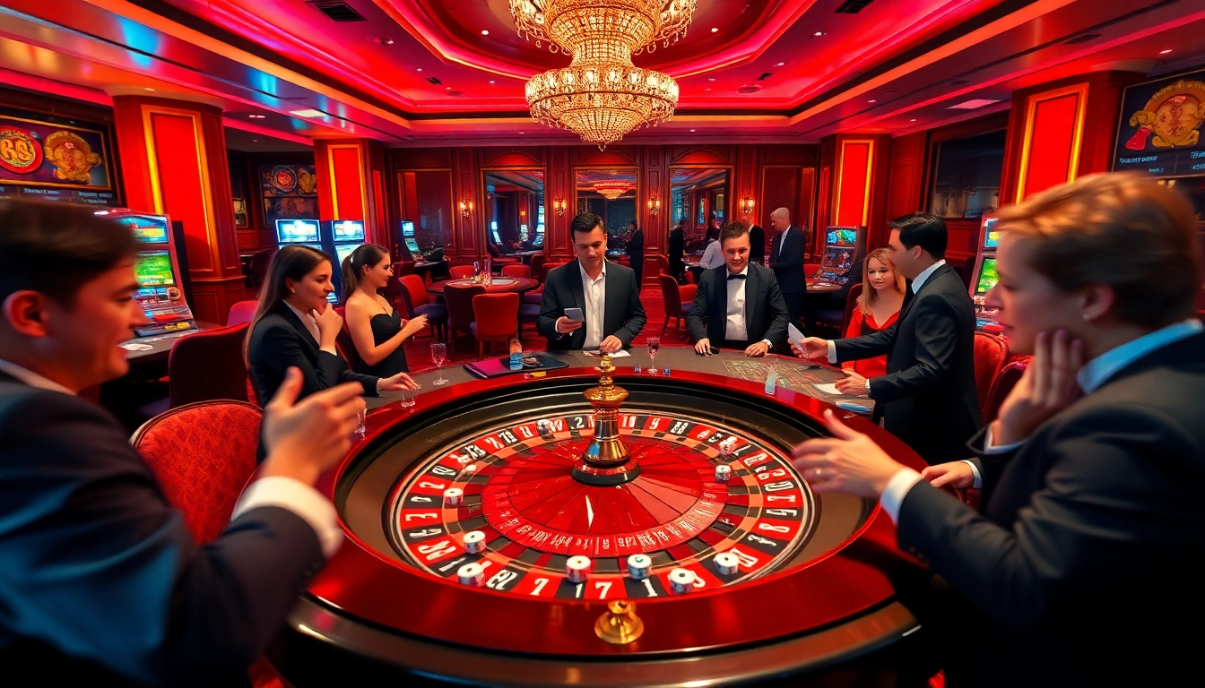 People playing blackjack at a stylish casino in Melbourne, featuring a migration agent helping clients.