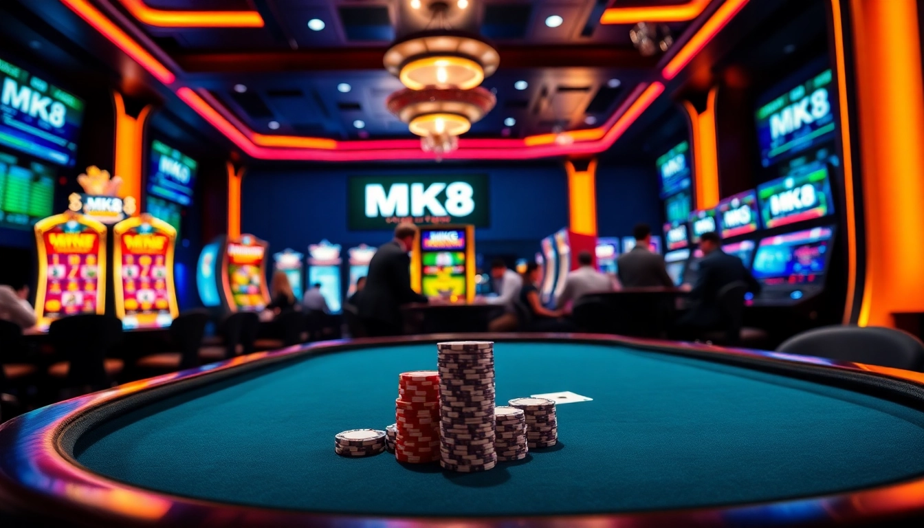 Players enjoying a game at the luxurious MK8 casino featuring poker chips and vibrant slot machines.