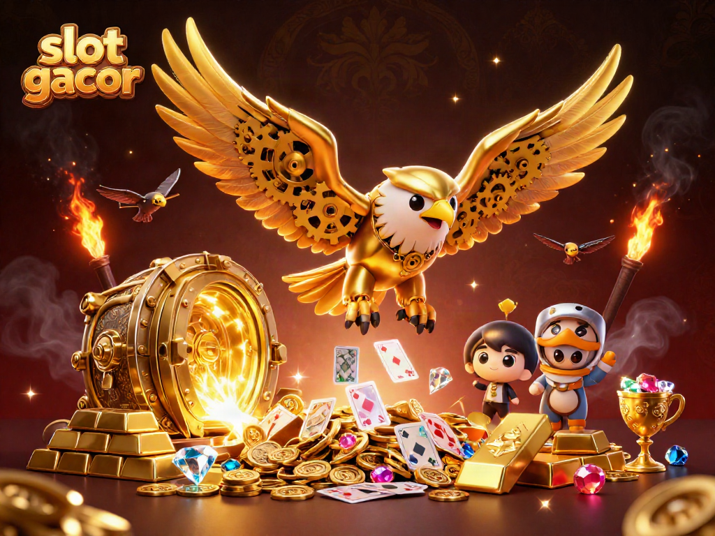Experience slot gacor action with a golden eagle soaring amidst treasures and holographic cards.