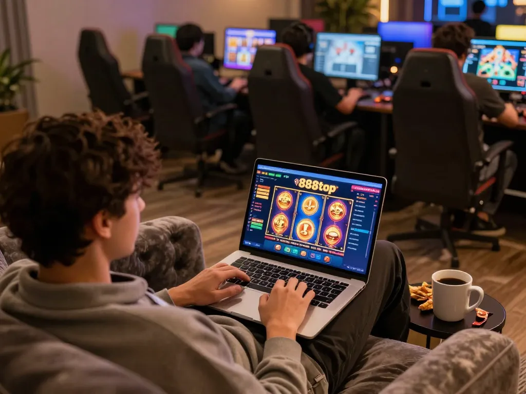 Player enjoying online casino games at home on 888top platform, warm atmosphere and engaging interface.