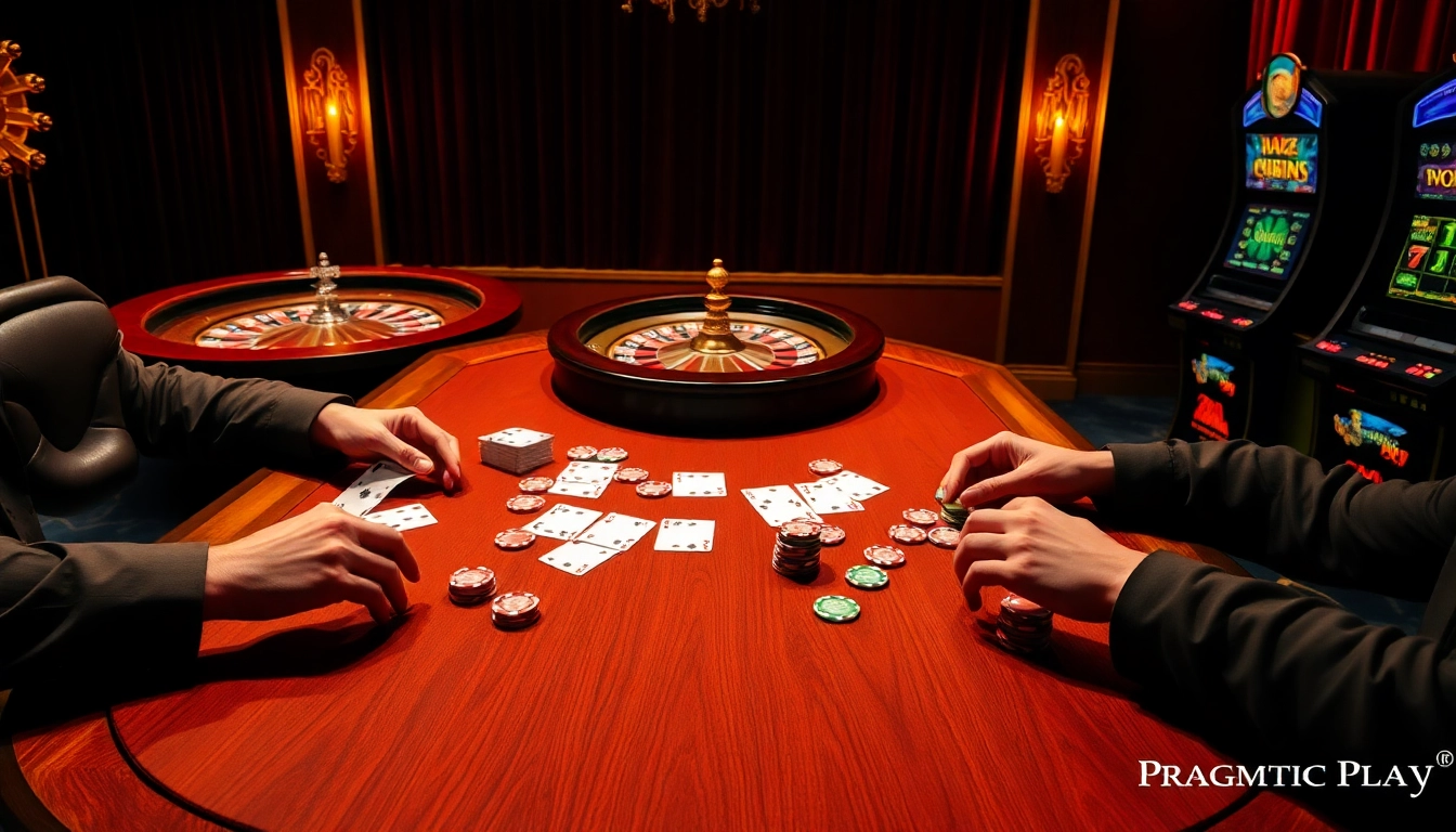 High-stakes poker scene highlighting rtp pragmatic play slot machines in a luxurious casino environment.