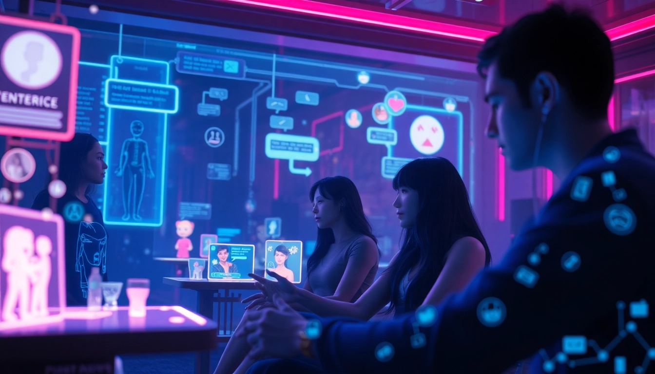 Engaging users interacting with an advanced nsfw ai chatbot in a futuristic digital landscape