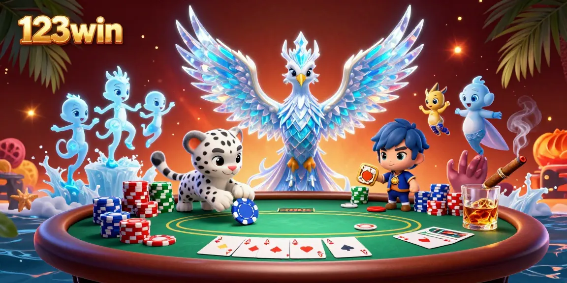 Engage with the magic of 123win featuring an ice phoenix at a vibrant poker game.
