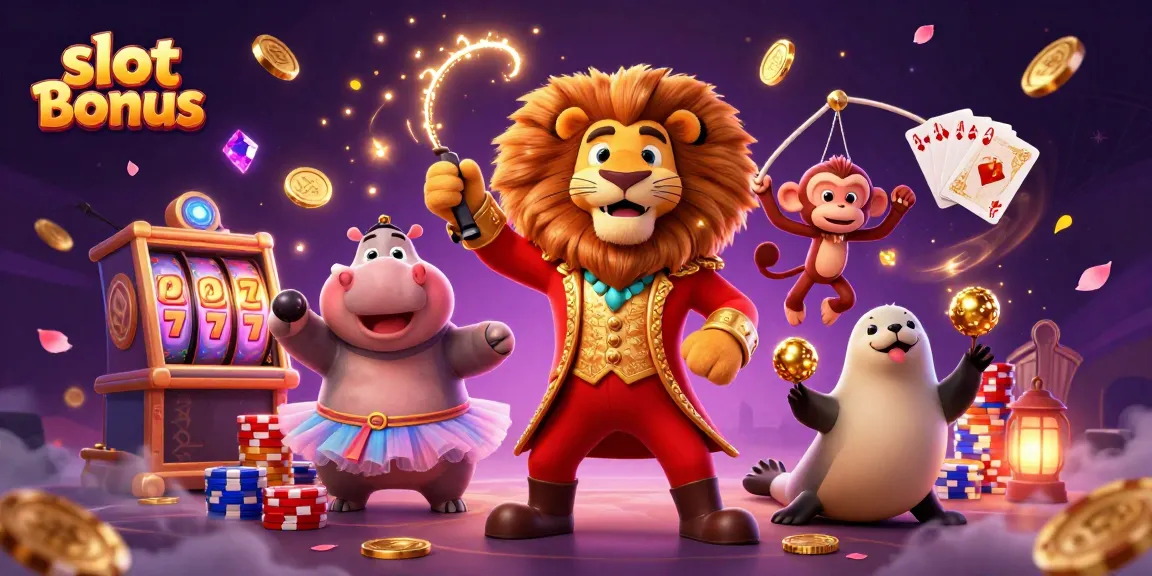 Unlock exciting slot bonus rewards with vibrant circus-themed casino characters.