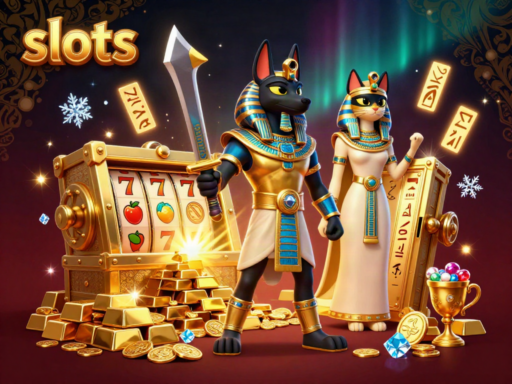Engage with exciting slots in an ultra-detailed scene of Anubis and Bastet, enhanced with treasure and jackpot elements.