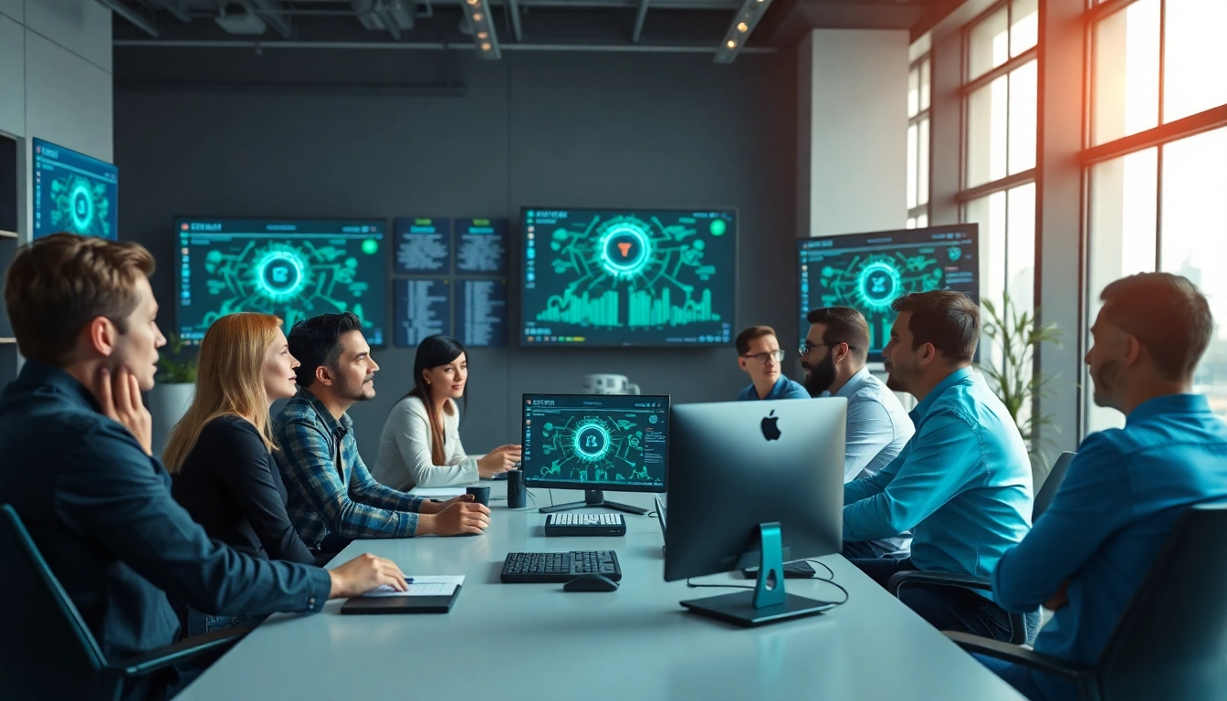 Visualize EORMC AI blockchain development team collaborating in a modern tech office.