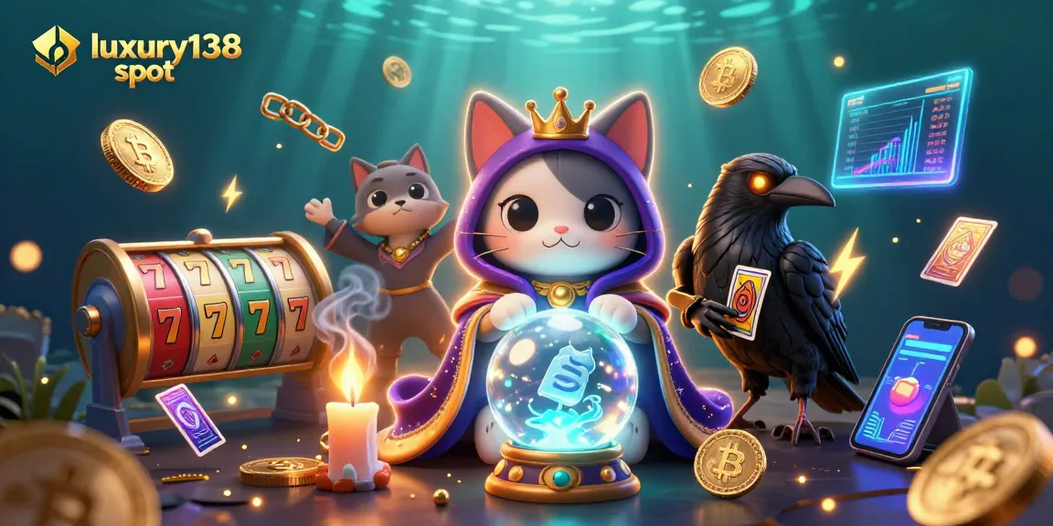 Win big with luxury138 slot surrounded by vibrant gaming elements and mystical characters.