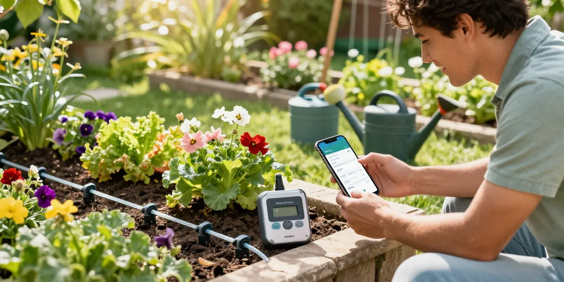 Homeowner using rainpoint Irrigation Controllers in a thriving garden, showcasing smart watering solutions for plant care.
