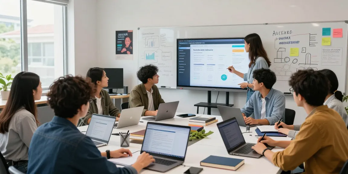 Business professionals analyzing targeted social media ads data in a modern classroom during digital marketing training.