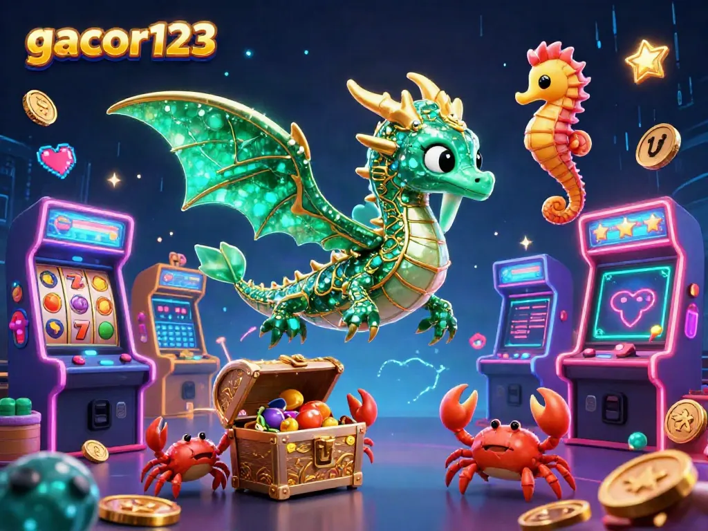 Engage in thrilling gameplay with gacor123's vibrant casino atmosphere featuring a sea dragon and treasures.