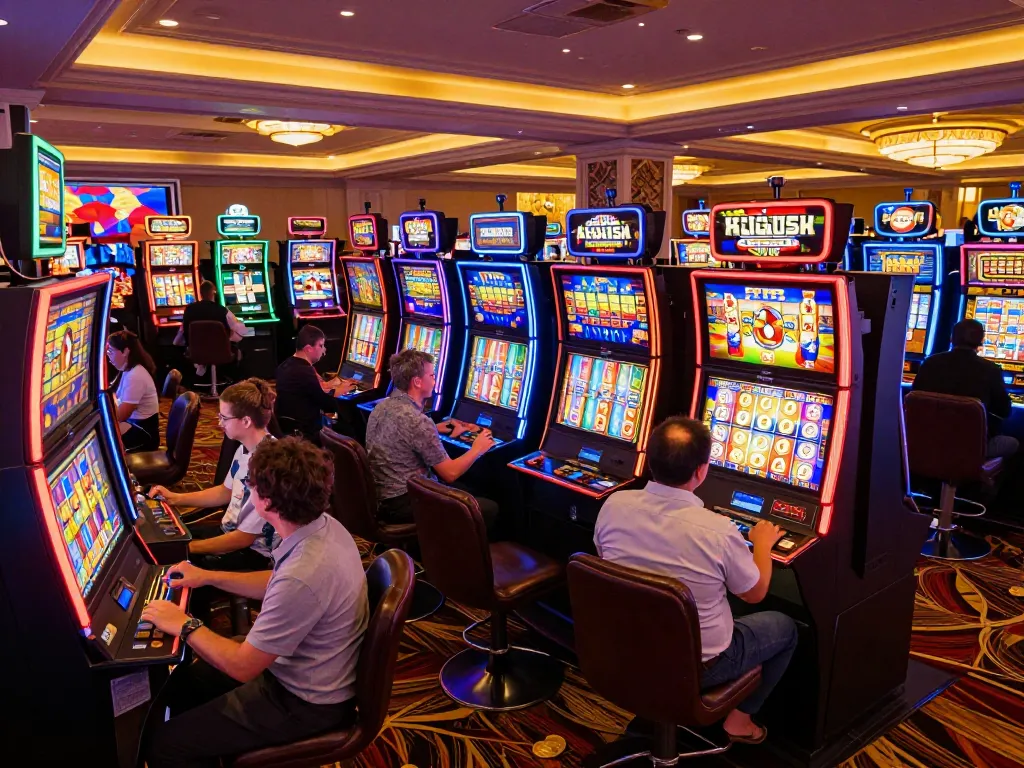 Players enjoy engaging with slot bonus 100 machines amid vibrant casino atmosphere filled with excitement.