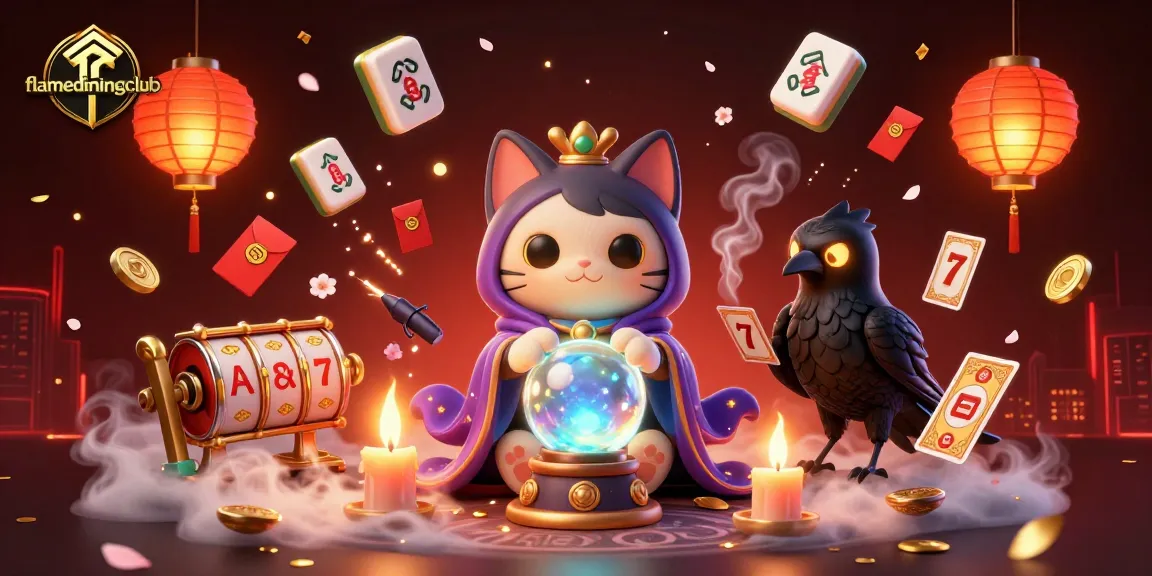 flamediningclub offers thrilling slot action with a mystical cat and raven in a vibrant casino scene