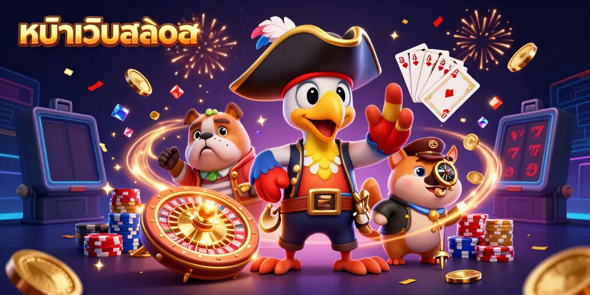Engaging scene depicting หน้าเว็บสล็อต with pirate characters, golden coins, and casino elements spilling into action.