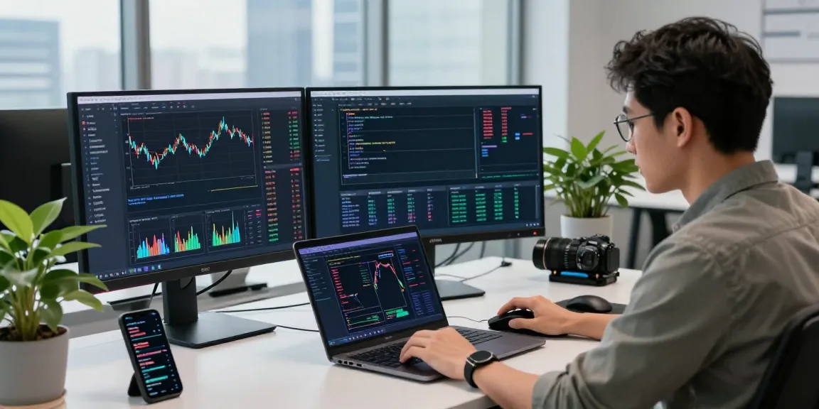 Developer using US algo trading stock API in a high-tech trading workspace