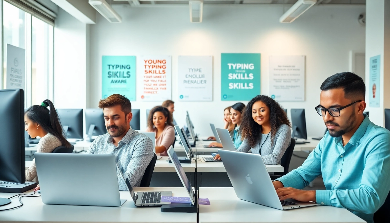 Individuals practicing in a typing center, enhancing their skills in a modern setting.