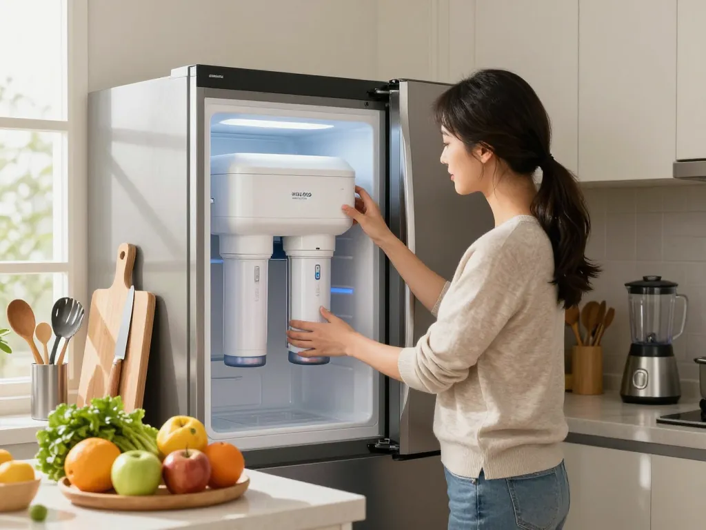 Installing Waterdrop Alkaline DA29-00020B Replacement for Samsung® Water Filter HAF-CIN/EXP in a modern home kitchen focused on health.
