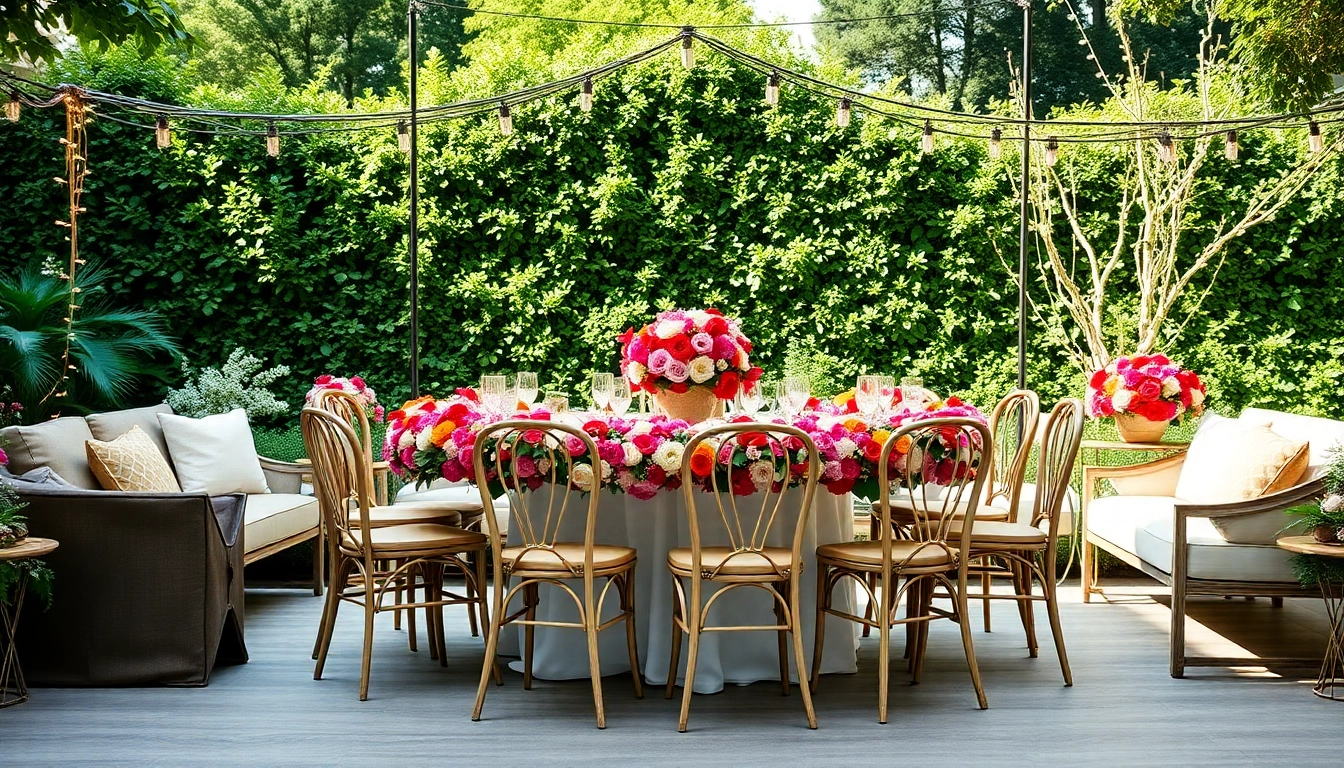 Display of Table & Chair Rentals in a lively outdoor setting, featuring elegant decor and vibrant flowers.