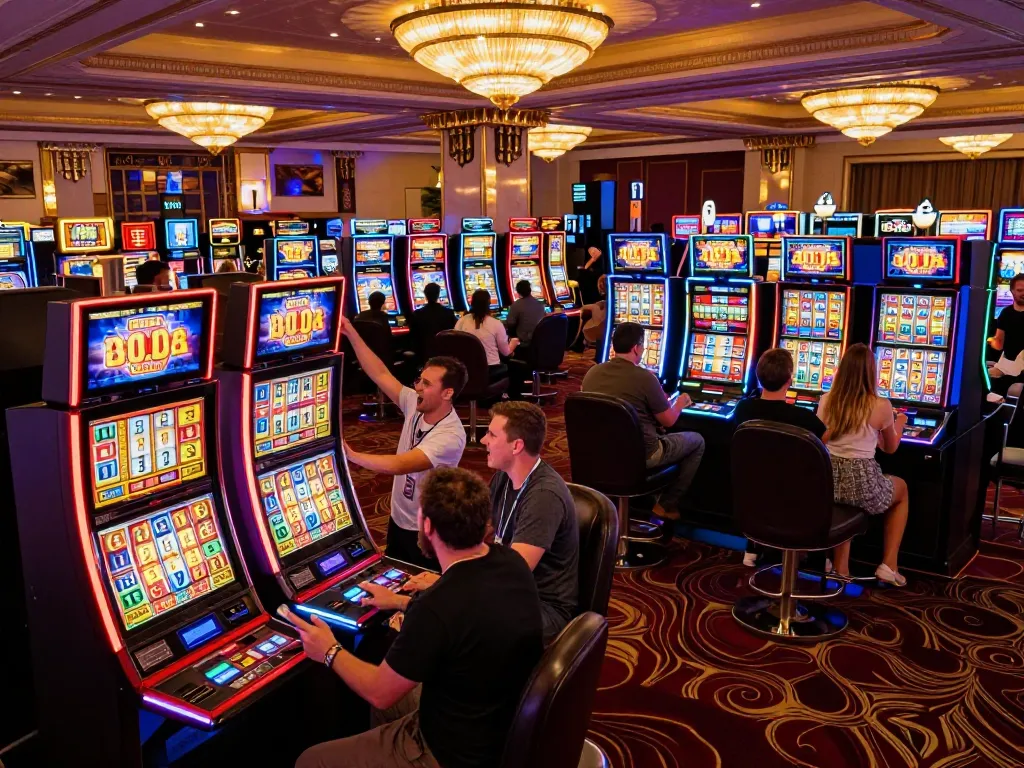 Engaging players enjoying slot bet 50 at colorful machines in a vibrant casino.