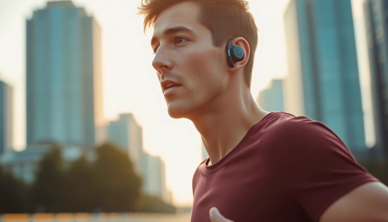 Runner energizing with F1 Bone Conduction Headphones in a vibrant city setting.