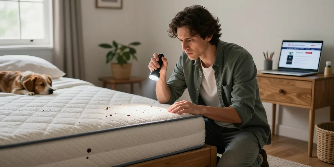 Homeowner checking mattress for bed bugs with flashlight, highlighting the need for a bed bug exterminator.
