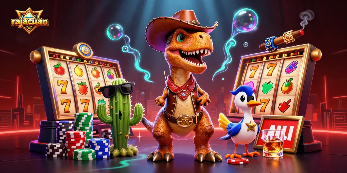 Bermain slot online dengan rajacuan: T-Rex cowboy dan teman-teman di kasino penuh simbol keberuntungan.