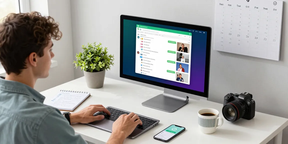 Engaged user operating WhatsApp電腦版 on a modern desk with coffee and plants, showcasing a productive workspace.