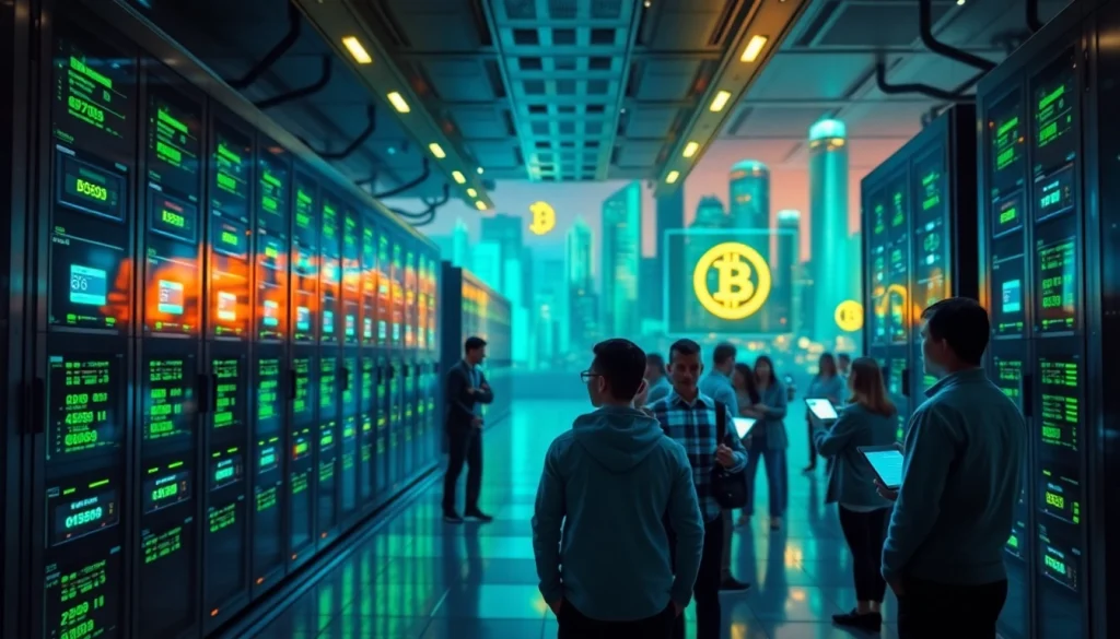Visual representation of dogecoin cloud mining showcasing a high-tech data center with diverse miners.